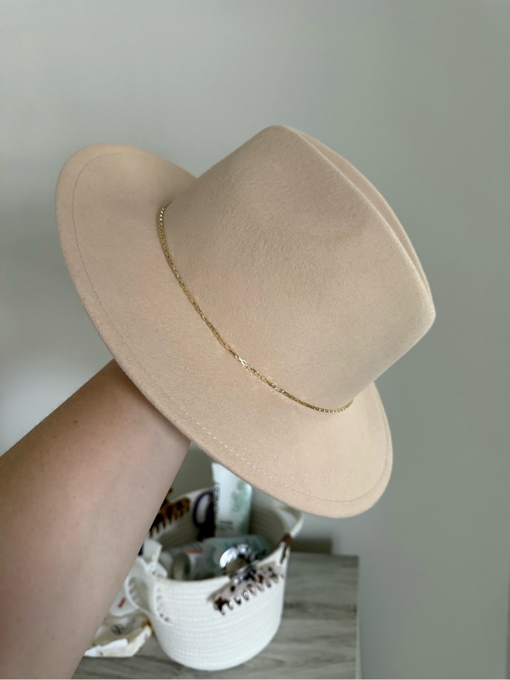 J. Crew Factory Beige Felt Fedora with Gold Chain